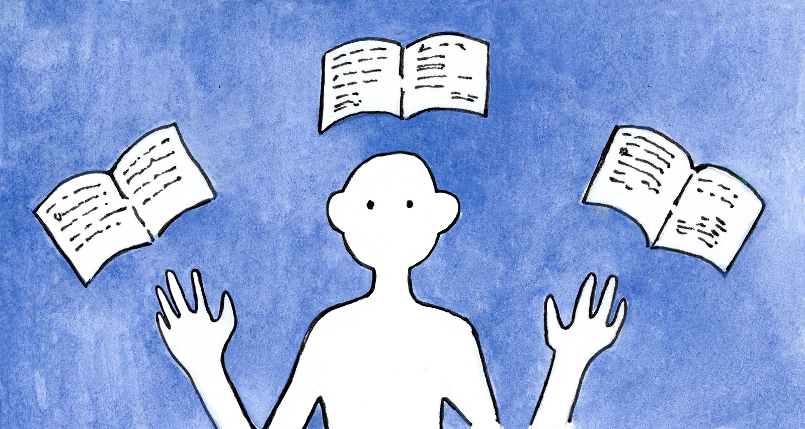 A figure contemplating choices between multiple open books