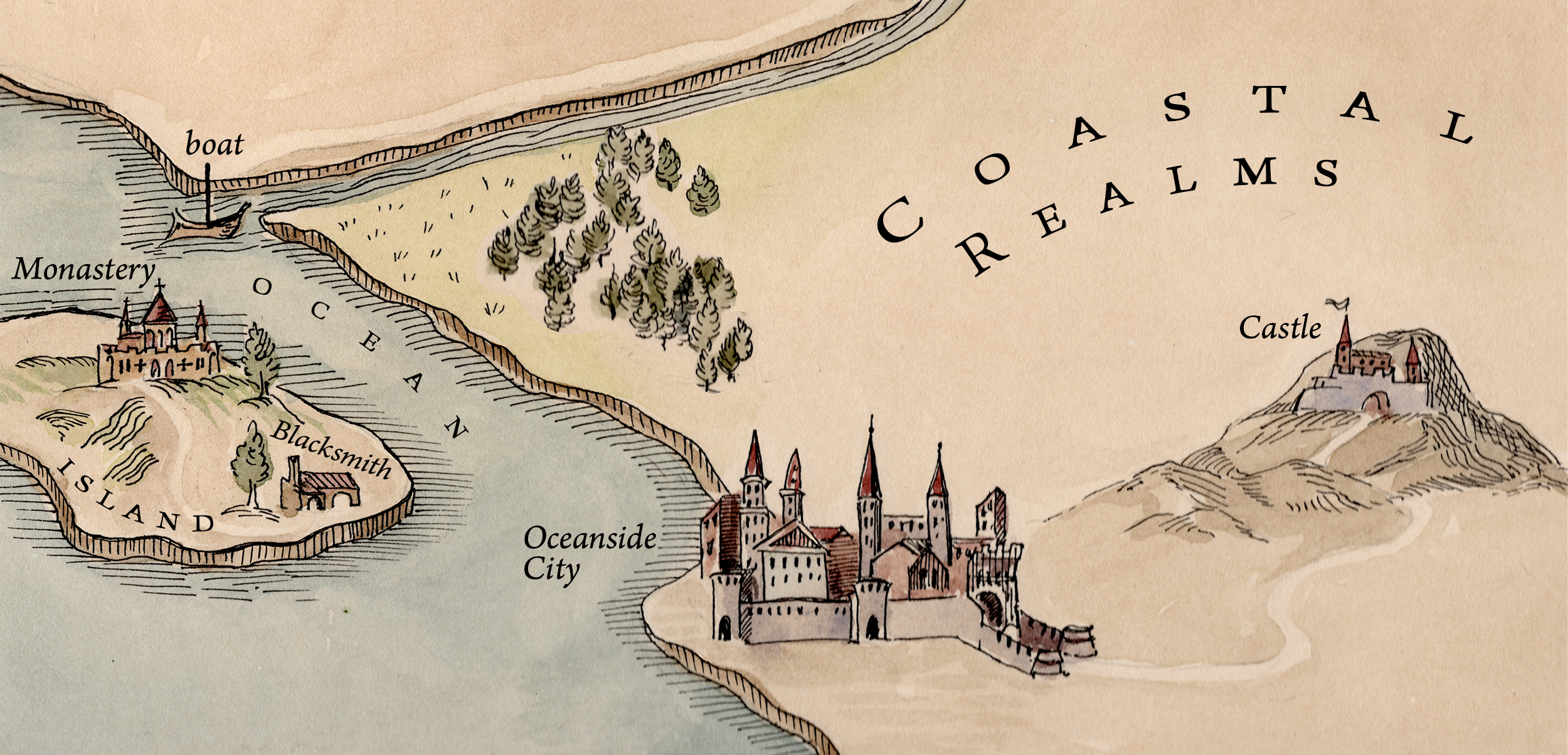 Map of the Coastal Realms showing villages, forests, and destinations to explore